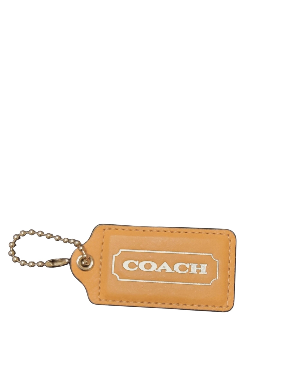 COACH Tan Leather Logo Keychain Tag with Metal Chain